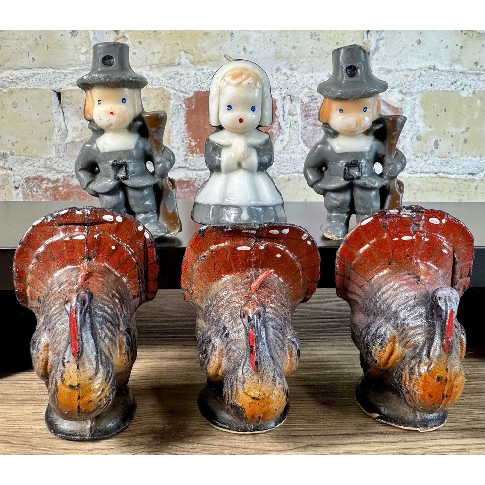 Vintage Gurley Thanksgiving Candles Turkey Pilgrims Set of 6 Unused 10¢ Labels